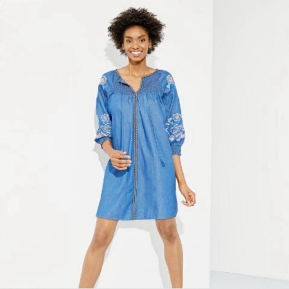Romeo & Juliet Couture Chambray Denim Embroidered Peasant Dress